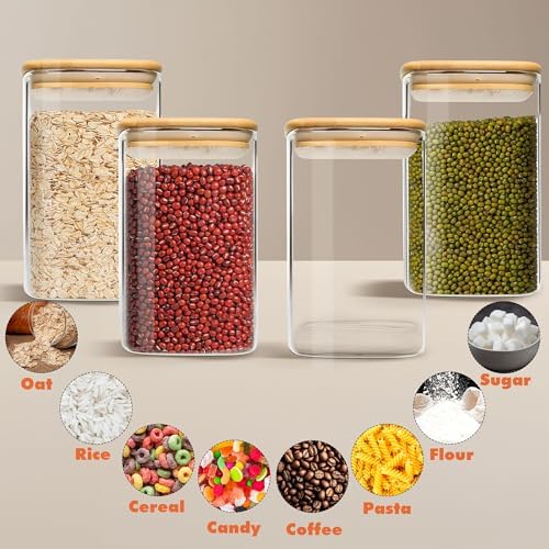 Glass Storage Containers with Airtight Bamboo Lids Set of 4,Pantry Food Storage Container,Perfect for Kitchen Organization-Flour, Rice, Pasta, Sugar, Coffee Beans, Accessories Included (4 packs(50oz))