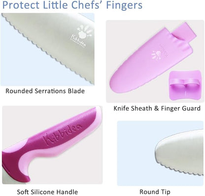 Kibbidea 4 Pcs kids knife set for real cooking, Kids First Cutting Knives Set, Round Tip Kids Friendly Kitchen Knife, BPA-free Stainless Steel Kids Chef Knife to Learn to Cook (Violet)
