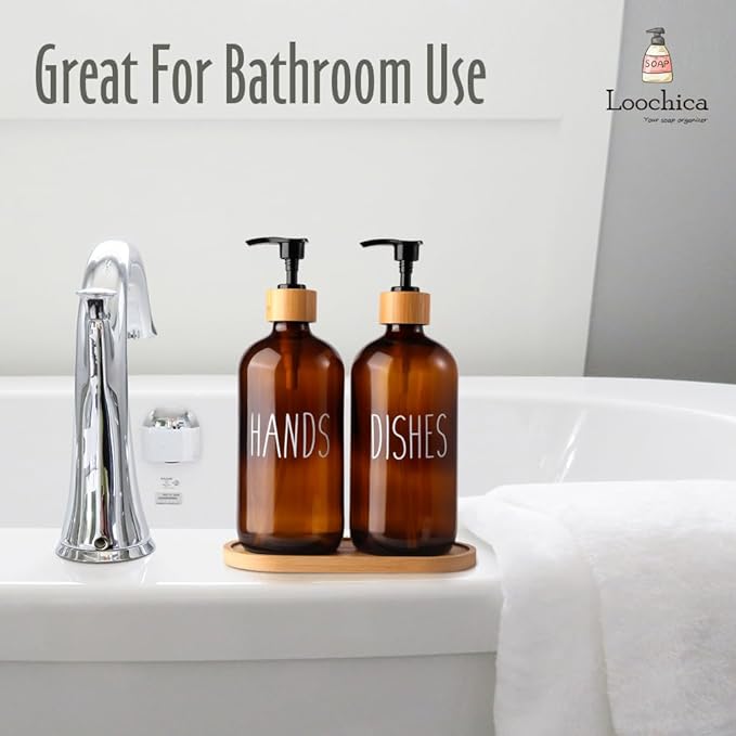 LOOCHICA Amber Glass Soap Dispenser Set