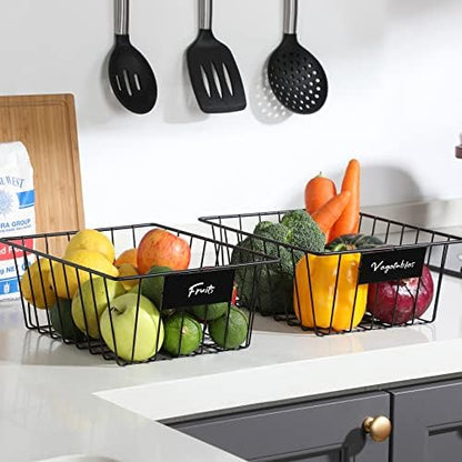 8 Pack Wire Storage Baskets for Organizing with Removable Tags, Pantry Organization Bins for Kitchen Cabinets, Closet - Metal Basket for Laundry, Garage, Refridge, Bathroom Countertop Organizer, Black