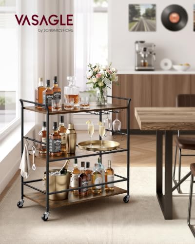 VASAGLE Bar Cart with Wheels, Drink Cart with Wine Rack and Glass Holder