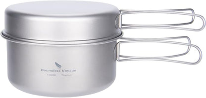 iBasingo Backpacking Cookset Titanium Camping Pots Set Ultralight Outdoor Picnic Pots Pans with Folding Handle Druable Portable Cooking Mess Kit Compact Picnic Dishes Bowls Cups (Multiple Sizes)