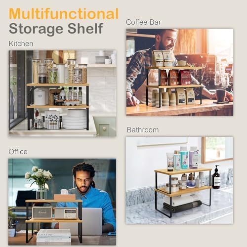 OGEMXU Cabinet Shelf Organizers, 15.7 inches Large Kitchen Counter Shelf, Set of 2 Wood Kitchen Pantry Organizer, Storage Shelves for Countertop, Spice Rack, Stackable, Expandable, Metal Black, Nature