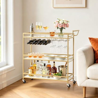 VEVOR Bar Cart, 3 Tiers Home Kitchen Serving Carts, Modern Rolling Utility Station on Wheels, Mobile Drink Beverage Trolley with Wooden Shelf, Wine Rack, and Glass Holder, 35.83x12.99x36.81 in, Gold