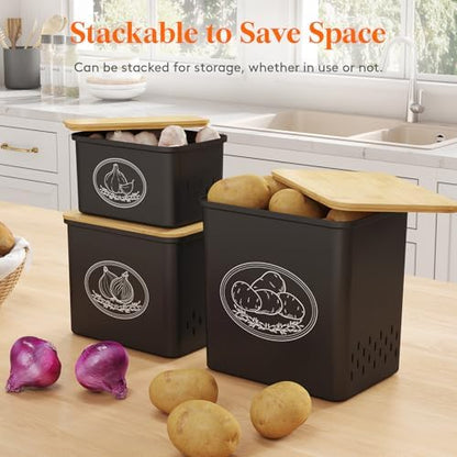 Lifewit Plastic Potato and Onion Storage Bin Box, Set of 3, Black