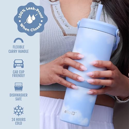 Ello Oasis Go+ 32oz Insulated Stainless Steel Tumbler with Straw, Clouds