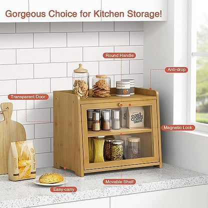 Bamboo Bread Box Double Layer, 2 Tier BreadBox for Kitchen Countertop