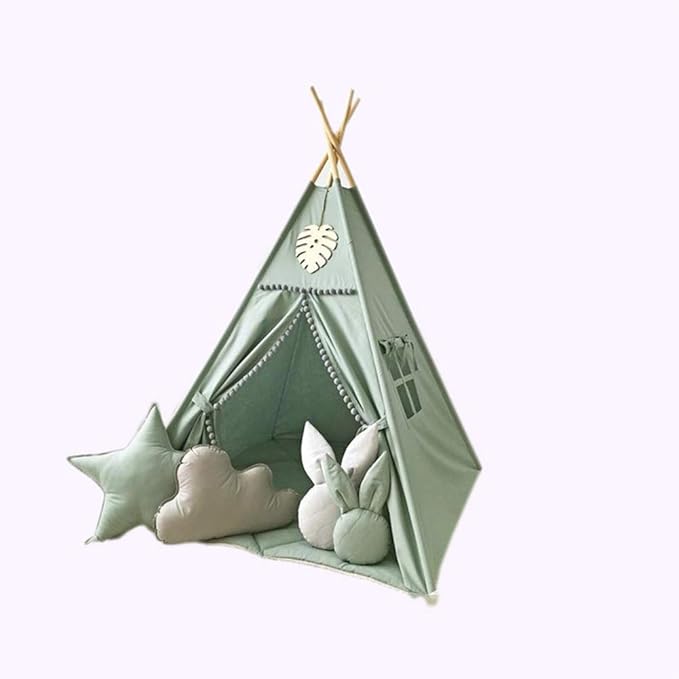 Kids Teepee Tent with White Pom Pom - Indoor Play Teepee for Children Boys Portable Play House (Green)