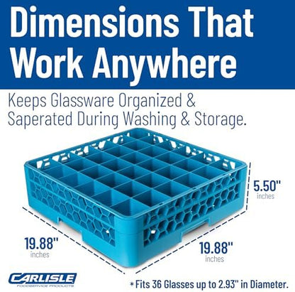 Carlisle FoodService Products 36 Compartment Glass Racks with 1 Extender - Fits 2.69" Diameter White Wine Glasses, Tumblers, Narrow Bowl Stems, 2.94" Compartments, Tamper Proof, Blue