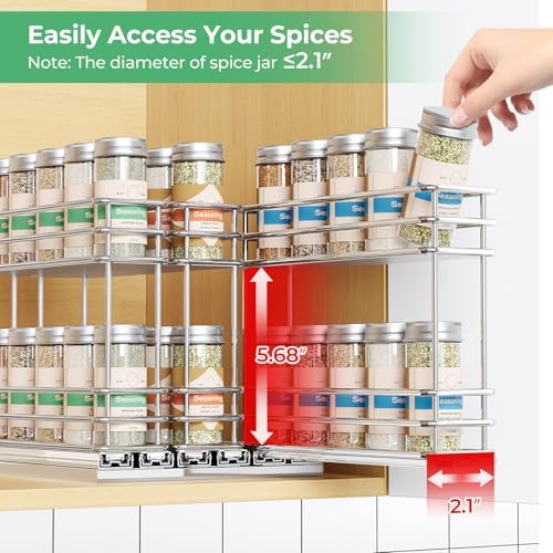 Mystozer Pull Out Spice Rack Organizer for Cabinet, Slide Out Spice Racks, Easy to Install Spice Cabinet Organizers, 7.4" Wx10.43 Dx8.26 H, 3 Drawers 2 Tiers(Silver)
