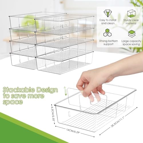 ZIZOTI Snack Organizer for Pantry Shelf, 6 Pack Clear Plastic Pantry Storage Bins with 3 Dividers for Snacks, Spices, Chips Food Organizer, Stackable Pantry Organizers for Kitchen, Fridge, Cabinet