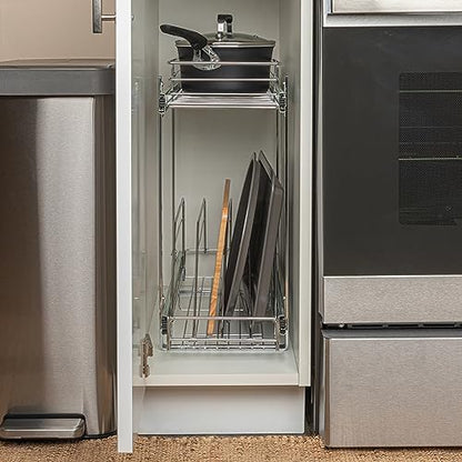 Household Essentials Glidez Multipurpose Chrome-Plated Steel Pull-Out/Slide-Out Dual-Sliding Storage Organizer for Cookware and Bakeware - 2-Tier Design - Fits Standard Size Cabinet or Shelf, Chrome