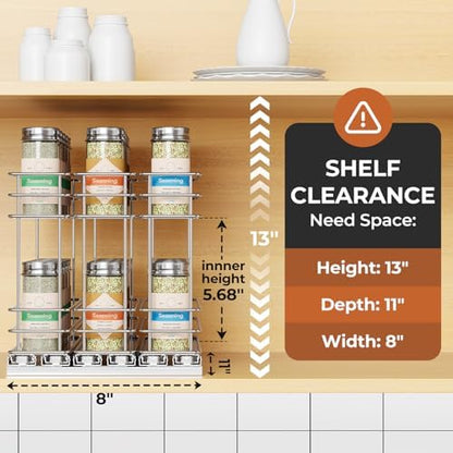 Mystozer Pull Out Spice Rack Organizer for Cabinet, Slide Out Spice Racks, Easy to Install Spice Cabinet Organizers, 7.4" Wx10.43 Dx8.26 H, 3 Drawers 2 Tiers(Silver)