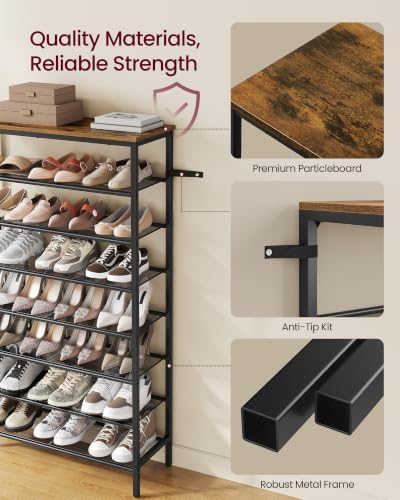 VASAGLE Shoe Rack with 7 Mesh Shelves and 1 Large Top for Bags, Steel Frame
