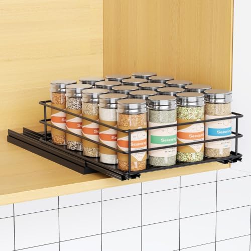 Mystozer Pull Out Spice Rack Organizer for Cabinet, Slide Out Spice Racks, Easy to Install Spice Cabinet Organizers, 8.46" Wx10.43 Dx3.44 H, 1 Drawer 1 Tier(Black)