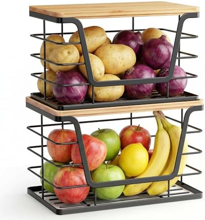 ALOCEO 2 Pack Stackable Wire Storage Basket with Bamboo Lid, Stainless Steel Extra Large Trash Bag Dispenser Roll Holder for Kitchen Sink, Kitchen Storage Bins for Potato and Onion, Black