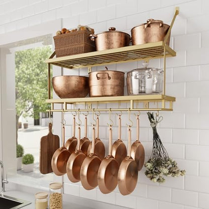 KES 30-Inch Gold Pot Rack Wall Mount, 2-Tier Hanging Pot and Pan Organizer