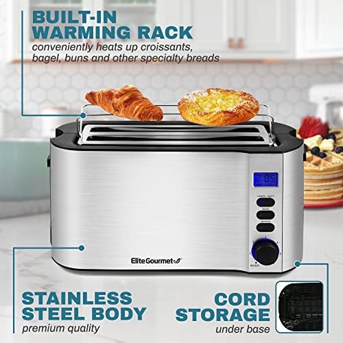 Elite Gourmet 4-Slice Long Slot Toaster, Countdown, 6 Shades, Warming Rack
