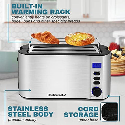 Elite Gourmet 4-Slice Long Slot Toaster, Countdown, 6 Shades, Warming Rack