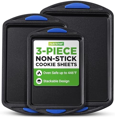 NutriChef 3-Piece Nonstick Cookie Sheets for Baking – Carbon Steel Stackable Bakeware Set w/ Silicone Handles - Non Toxic Baking Pan - Durable & Wrap Resistance, Oven Safe - Easy cleanup