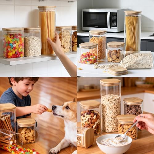 7 Pack Square Glass Storage Containers with Lids, Multi-Size Canisters Sets for the Kitchen & Pantry food storage jar – Ideal for Storing Pasta, Cereal, Flour, Sugar, Nuts, Coffee Beans & More