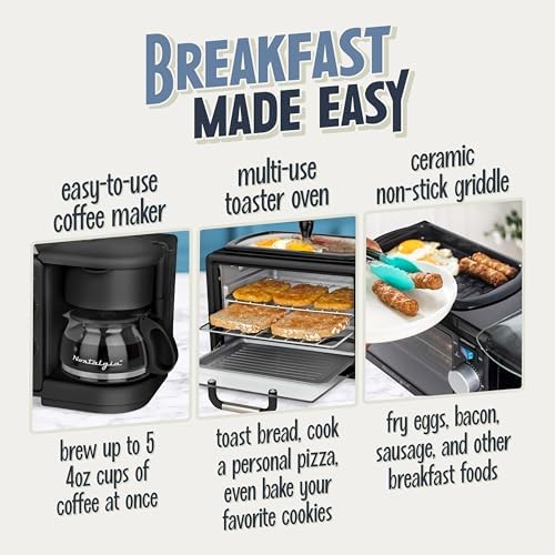 Nostalgia 3-in-1 Retro Breakfast Station - Includes 5 (4 Oz) Cup Coffee Maker, Non-Stick Ceramic Griddle, and 4-Slice Toaster Oven - Built-In Timer, Reusable Coffee Filter, Space-Saving Design - Black