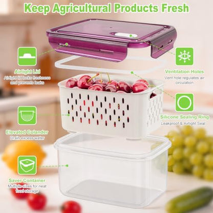 4Pack Fruit Storage Container for Fridge with Colander and Vent - Purple