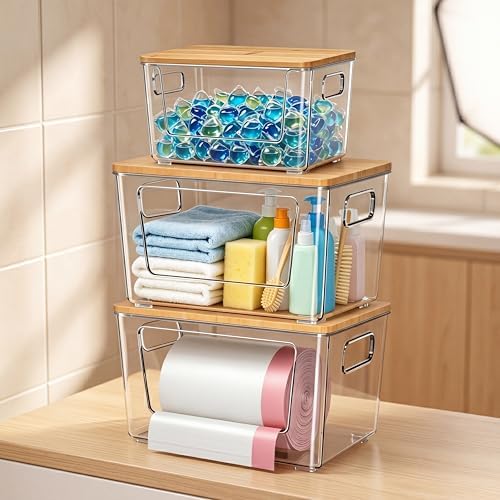 spospo 3 Pack Trash Bag Holder with Bamboo Lid Stackable Trashbag Dispenser