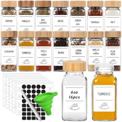 16 Pack 6 oz Glass Spice Jars with Bamboo Lids and Spice Labels