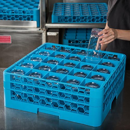 Carlisle FoodService Products Opticlean 25-Compartment Glass Racks for Restaurants with 2 Extenders - Dishwasher Rack for Beverage Glasses, Goblets, 7.12" Max Diameter, Blue