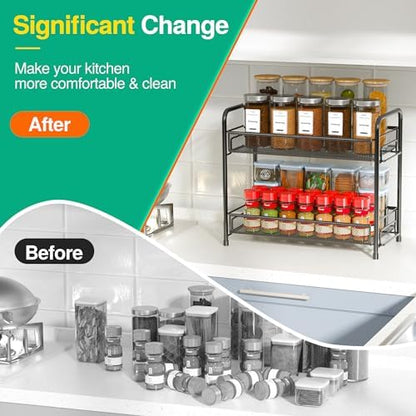 Spice Rack Organizer for Countertop,Xpatee 2-Tier Foldable Metal Rust-Proof Standing Large Seasoning Storage Shelf with Guardrail and Mesh Design for Kitchen Cabinet Bathroom Living Room Pantry, Black