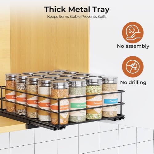 Mystozer Pull Out Spice Rack Organizer for Cabinet, Slide Out Spice Racks, Easy to Install Spice Cabinet Organizers, 8.46" Wx10.43 Dx3.44 H, 1 Drawer 1 Tier(Black)