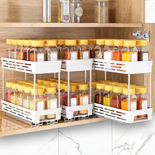 Pull Out Spice Rack Organizer for Cabinet, 3 Packs Slide Out Spice Racks Organizer, Spice Cabinet Organizers, Cabinet Size Need:12'' Highx11'' Deepx5'' Wide,Each Tier Hold 10 Spice Jar - 2 Tier, White