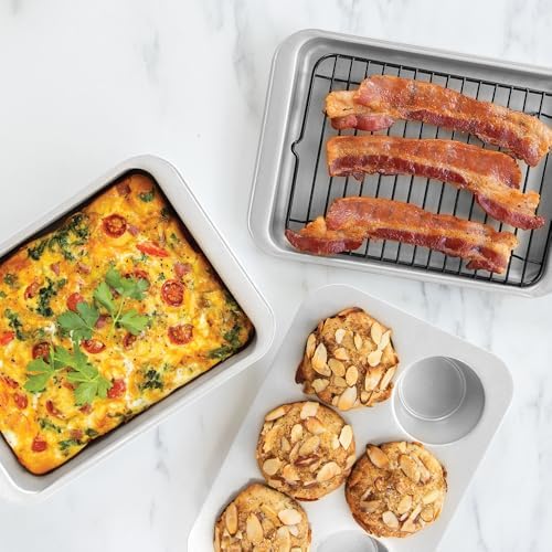 Nordic Ware Naturals 5 Piece Compact Pan Set, Toaster Oven, Counter Ovens, Air Fryer and Broiler Safe, Size for 1-2 Portions - Includes Rectangular Pan, Muffin Pan, Baking Sheet, Broiling Rack and Lid