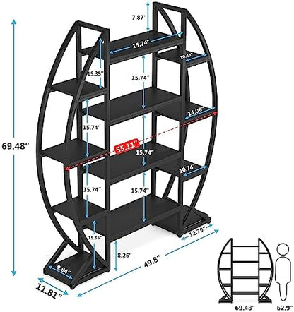 Tribesigns Oval Bookshelf, Triple Wide 5 Tiers Etagere Bookcases, Industrial Display Shelves for Living Room (55", Black)