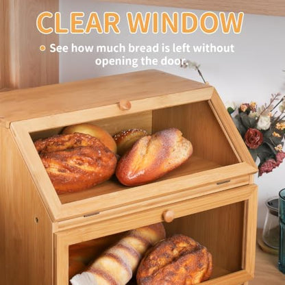 HOMEKOKO Double Layer Bread Box for Kitchen Countertop, Natural Bamboo