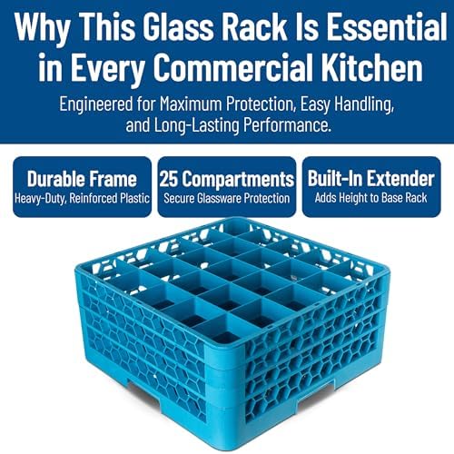 Carlisle FoodService Products OptiClean 25-Compartment Glass Racks With 3 Extenders for 3.19" Cups – Glass Racks for Restaurants Scratch-Resistant Texture, Blue, (Pack of 2)