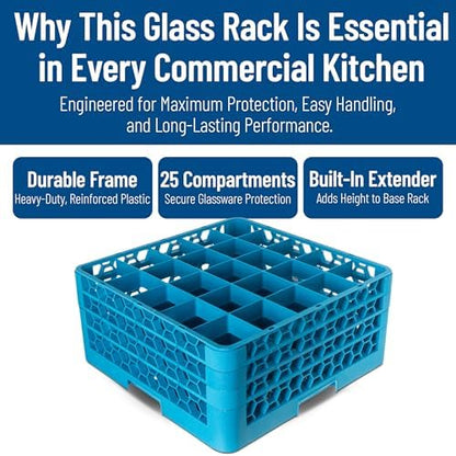 Carlisle FoodService Products OptiClean 25-Compartment Glass Racks With 3 Extenders for 3.19" Cups – Glass Racks for Restaurants Scratch-Resistant Texture, Blue, (Pack of 2)