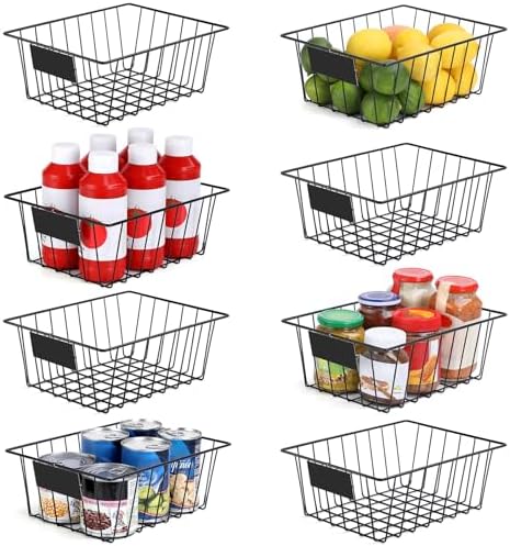8 Pack Wire Storage Baskets for Organizing with Removable Tags, Pantry Organization Bins for Kitchen Cabinets, Closet - Metal Basket for Laundry, Garage, Refridge, Bathroom Countertop Organizer, Black