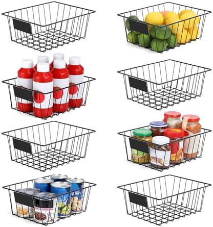 8 Pack Wire Storage Baskets for Organizing with Removable Tags, Pantry Organization Bins for Kitchen Cabinets, Closet - Metal Basket for Laundry, Garage, Refridge, Bathroom Countertop Organizer, Black