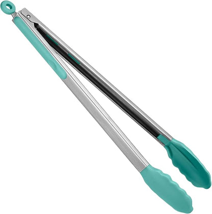 Heat Resistant Silicone Kitchen Tong: U-Taste 16 inch Extra Long Large 480ºF Hot Proof Cooking Tong with Sturdy Non Stick Rubber Tips & Non Slip Silicon Coated Steel Handle for Grilling BBQ (Aqua Sky)