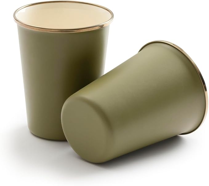 Barebones 2-Tone Enamel Cup Set - Set of 2, 14 oz Mugs - Enamelware Mugs - Durable Kitchen or Camping Mug Set (Olive Drab)