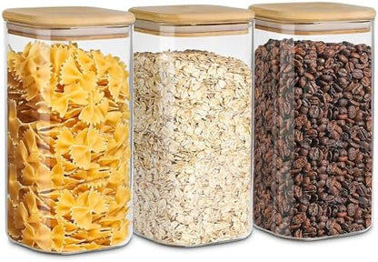 Glass Storage Containers with Airtight Bamboo Lids Set of 3,Pantry Food Glass Jar with Lid,Perfect for Kitchen Organization-Flour,Rice,Pasta,Sugar,Coffee Beans,Accessories Included (3 packs(68oz))