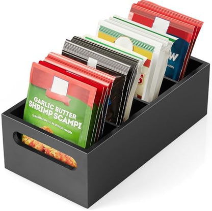 DRASTAR Pantry Organization and Storage Bins, Seasoning Packet Organizer with Removable Dividers,Wooden Storage Caddy for Kitchen, Pantry, Cabinet, Countertop, Black