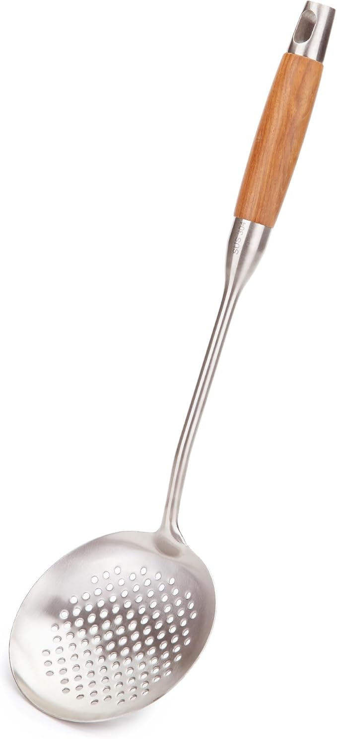 FJNATINH Skimmer Ladle, 15.4inches spatula for wok, 304 Stainless Steel wok spatula,Wooden Handle