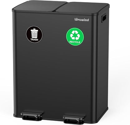 Lovewind Kitchen Trash Can, 2 x 8 Gallon Stainless Steel Trash and Recycle Bin