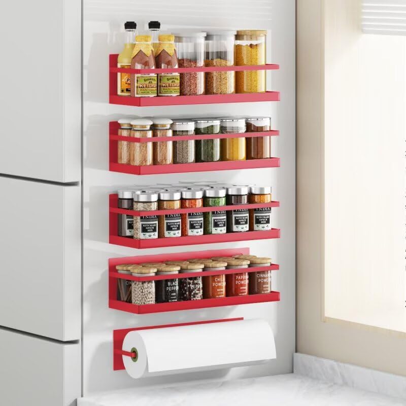 Magnetic Spice Rack For Refrigerator, Space Saving Magnetic Shelf For Fridge Red 4 Pack With Magnetic Paper Towel Holder
