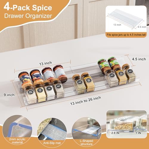 Adjustable Spice Rack Organizer for Drawer 4-Pack