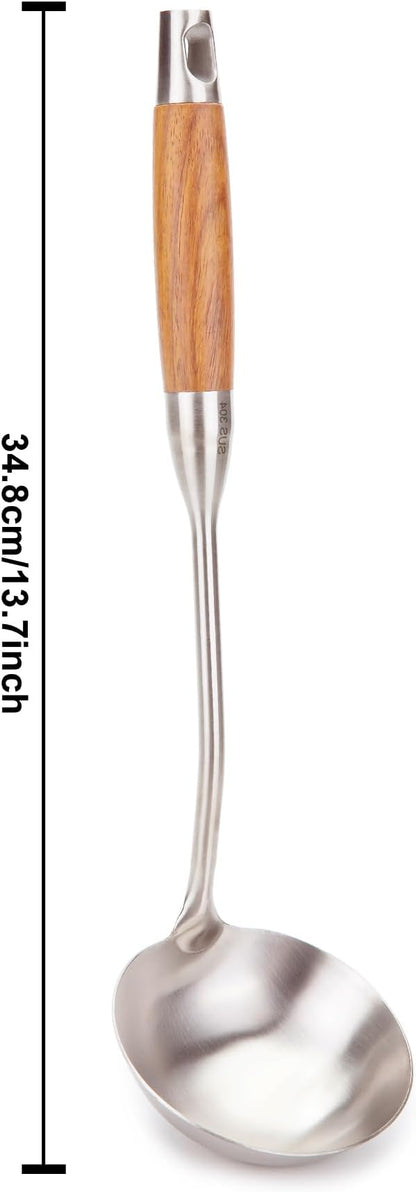 FJNATINH Soup Ladle, 13.7inches Ladle for wok, 304 Stainless Steel wok spatula,Wooden Handle