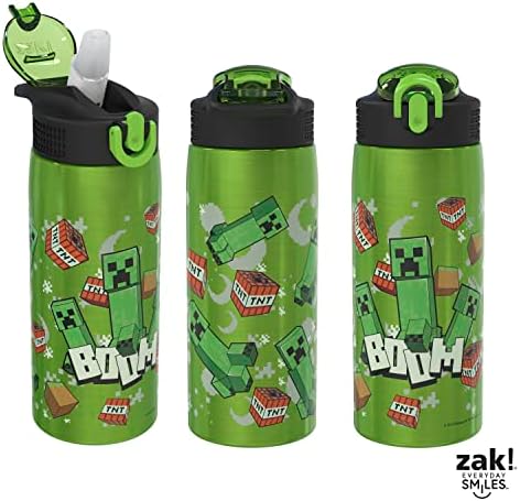 Zak Designs Minecraft Water Bottle for Travel and At Home, 19 oz Vacuum Insulated Stainless Steel with Locking Spout Cover, Built-In Carrying Loop, Leak-Proof Design (Creeper)